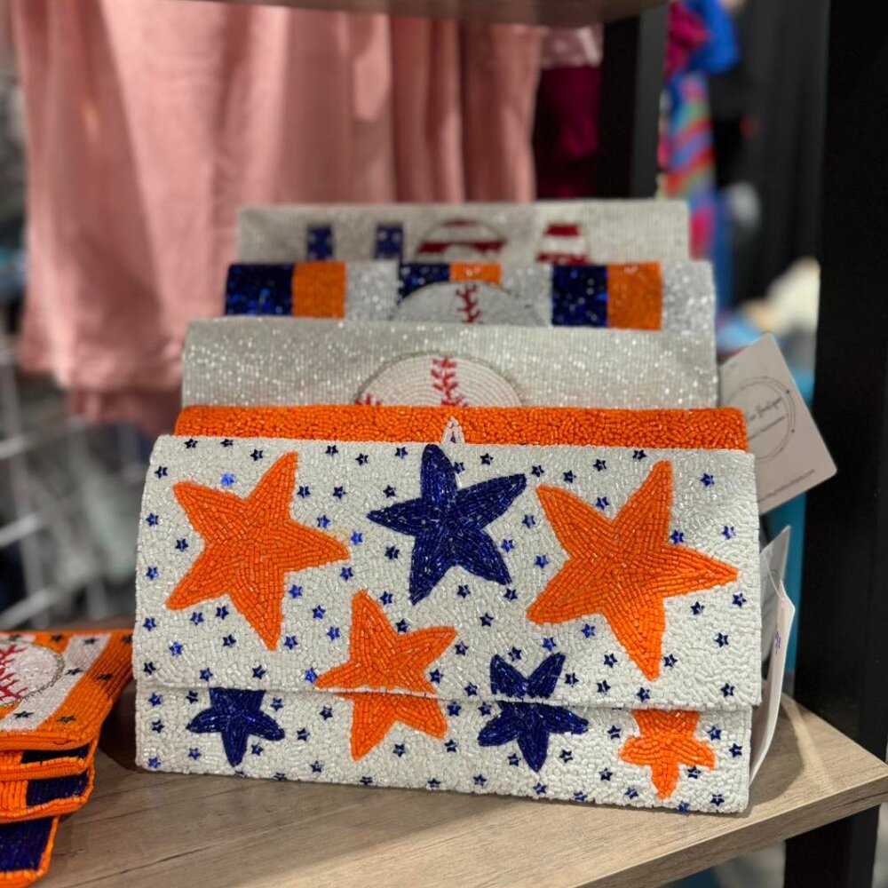 STAR Seed Beaded Orange Blue Team Colors Astros Auburn Crossbody Clutch Handbag